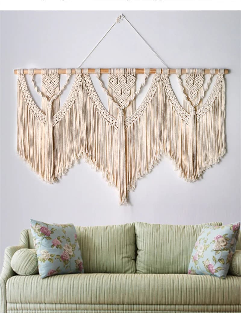 Grande tapisserie murale suspendue en macramé avec bâton en bois, rideau à pampilles bohème tissé à 