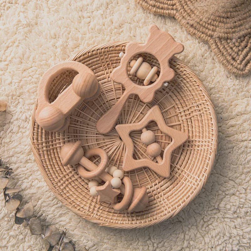 Jouets pour bébés, ensembles de hochets en bois, hochets en bois de hêtre, hochets à main pour la de