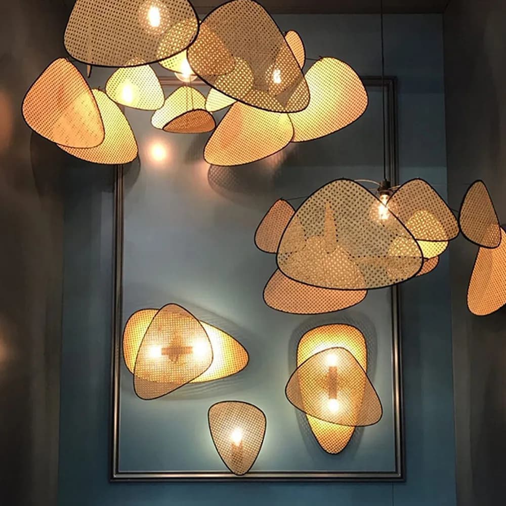 Lustre en rotin en osier, lampe à Suspension, canette de cuisine, lustre en bois de bambou e27, feui