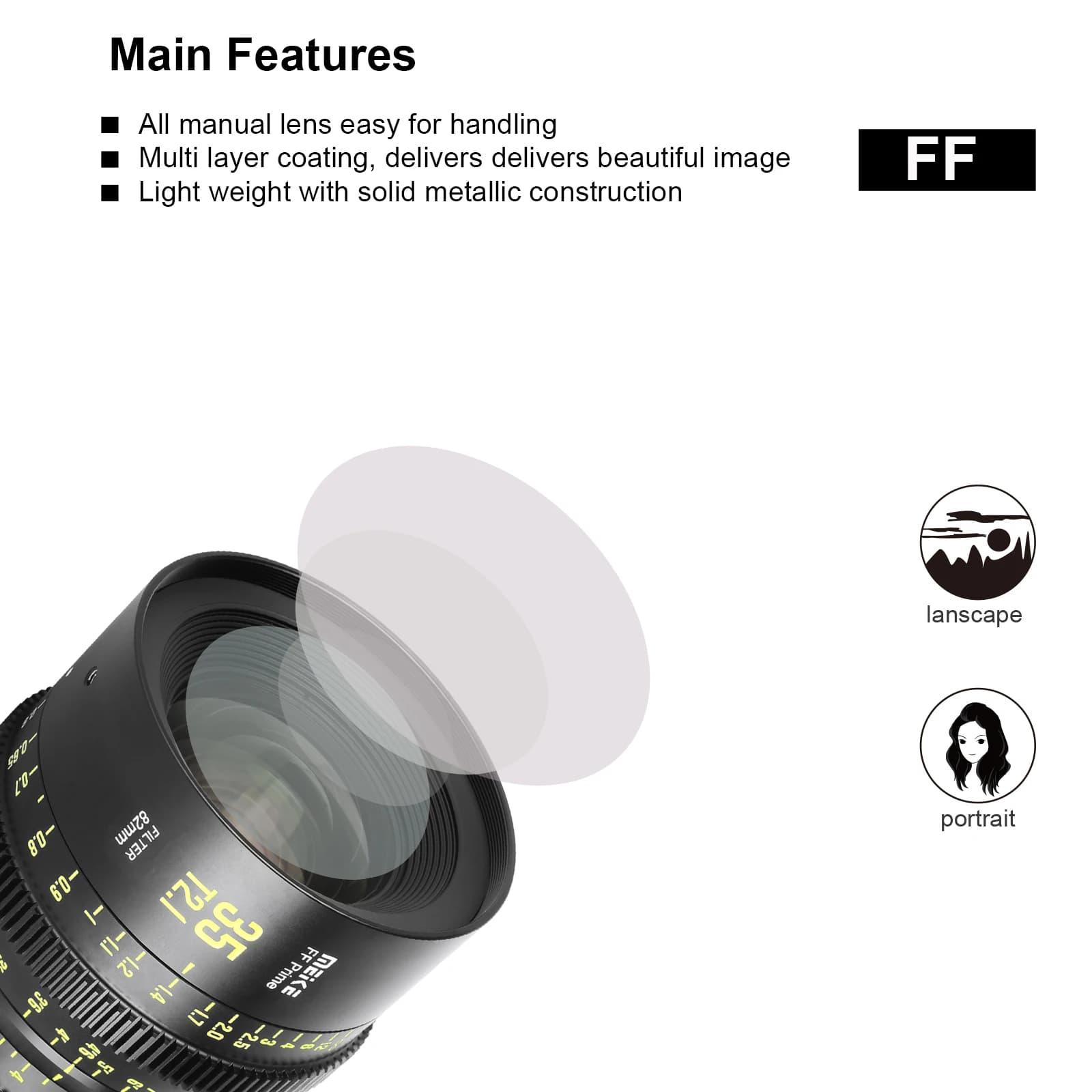 Objectif Cine Meike Prime 35/50/85/105/135 mm T2.1 pour systèmes de caméra de cinéma FF, comme Canon