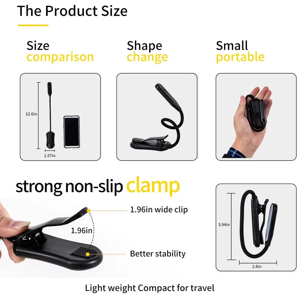 Mini lampe de lecture Rechargeable à 7 LED, 3 niveaux, blanc chaud et froid, Flexible, lampe à Clip 