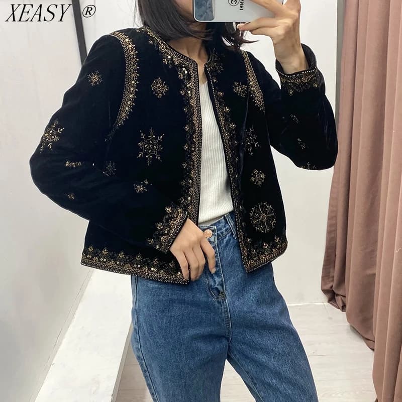Veste Cardigan court en velours pour femmes, Style palais rétro, broderie de l'industrie lourde, pai