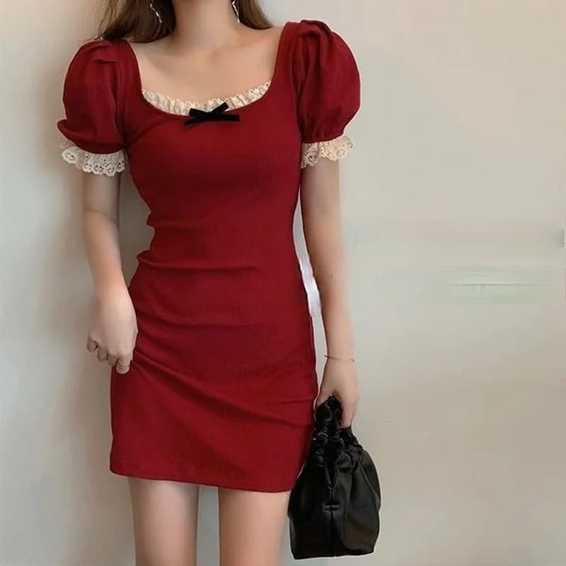 Robe à manches courtes bouffantes pour femmes, col carré, mince, tempérament, gaine, doux, sexy, rob