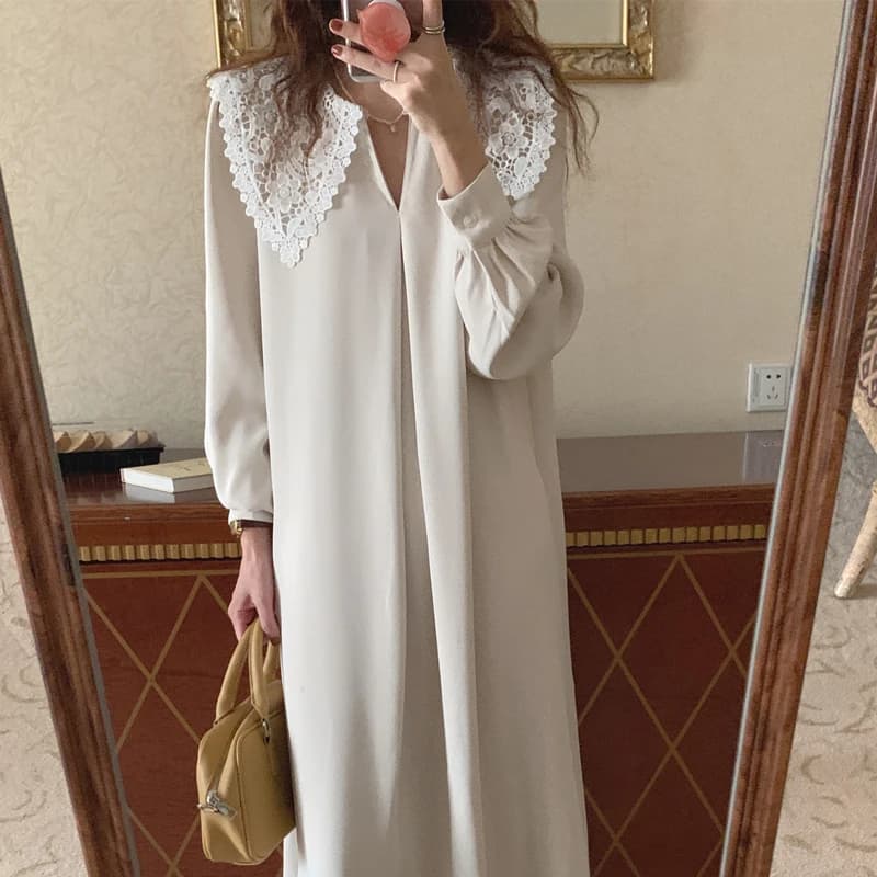 Robe longue en dentelle beige pour femme, pull à manches longues, robes maxi, col en V, droite, femm