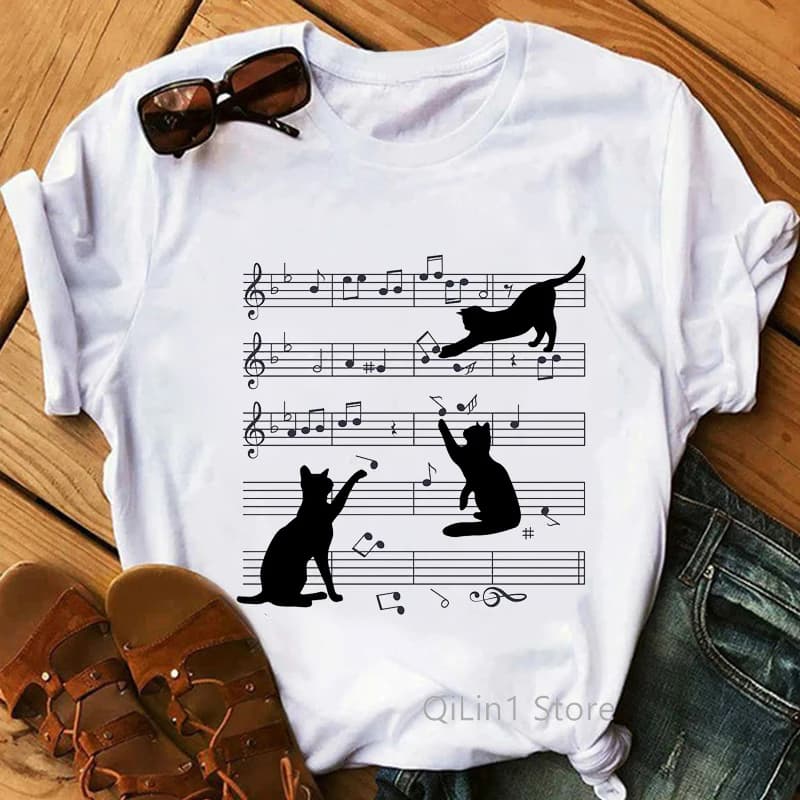 T-shirt manches courtes femme, estival et décontracté, humoristique, avec note de musique, chat noir