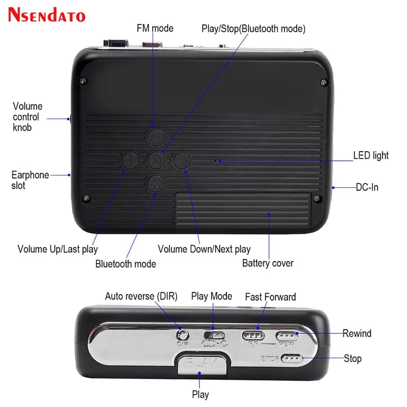 Radio FM autonome portable avec fonction d'inversion automatique, enregistreur et lecteur de cassett