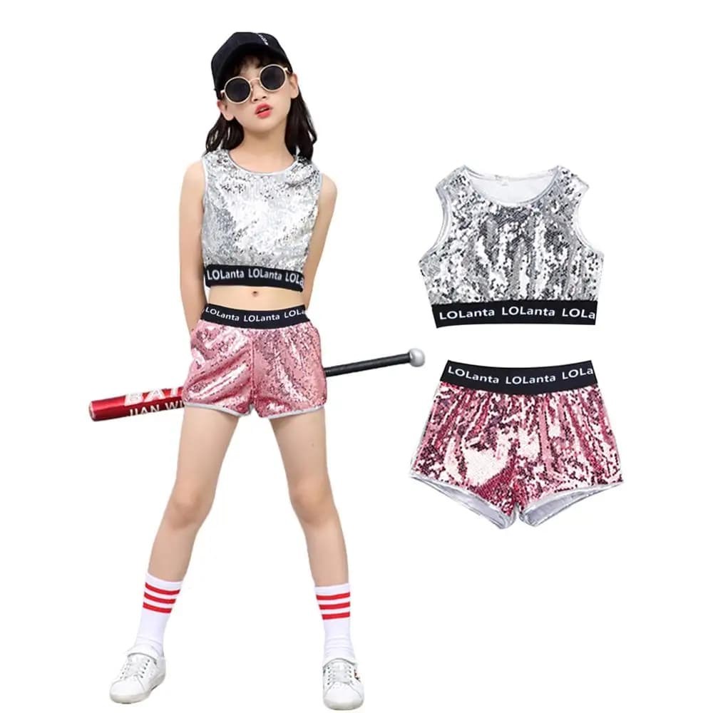 LOlanta 4-14 ans filles rose paillettes Crop Tops short veste Costume de danse Hip Hop moderne Jazz 