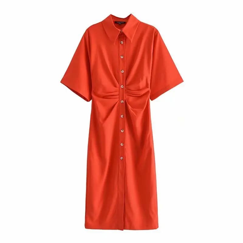Robe Midi à boutons pour femmes, chemise Vintage, couleur unie, élégante, manches courtes, longue, d