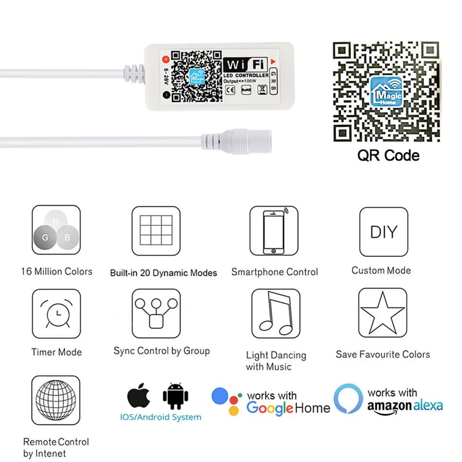 Bande LED WIFI RGB RGBW 12V 24V, contrôleur Android IOS, application Bluetooth, contrôle IR magique 