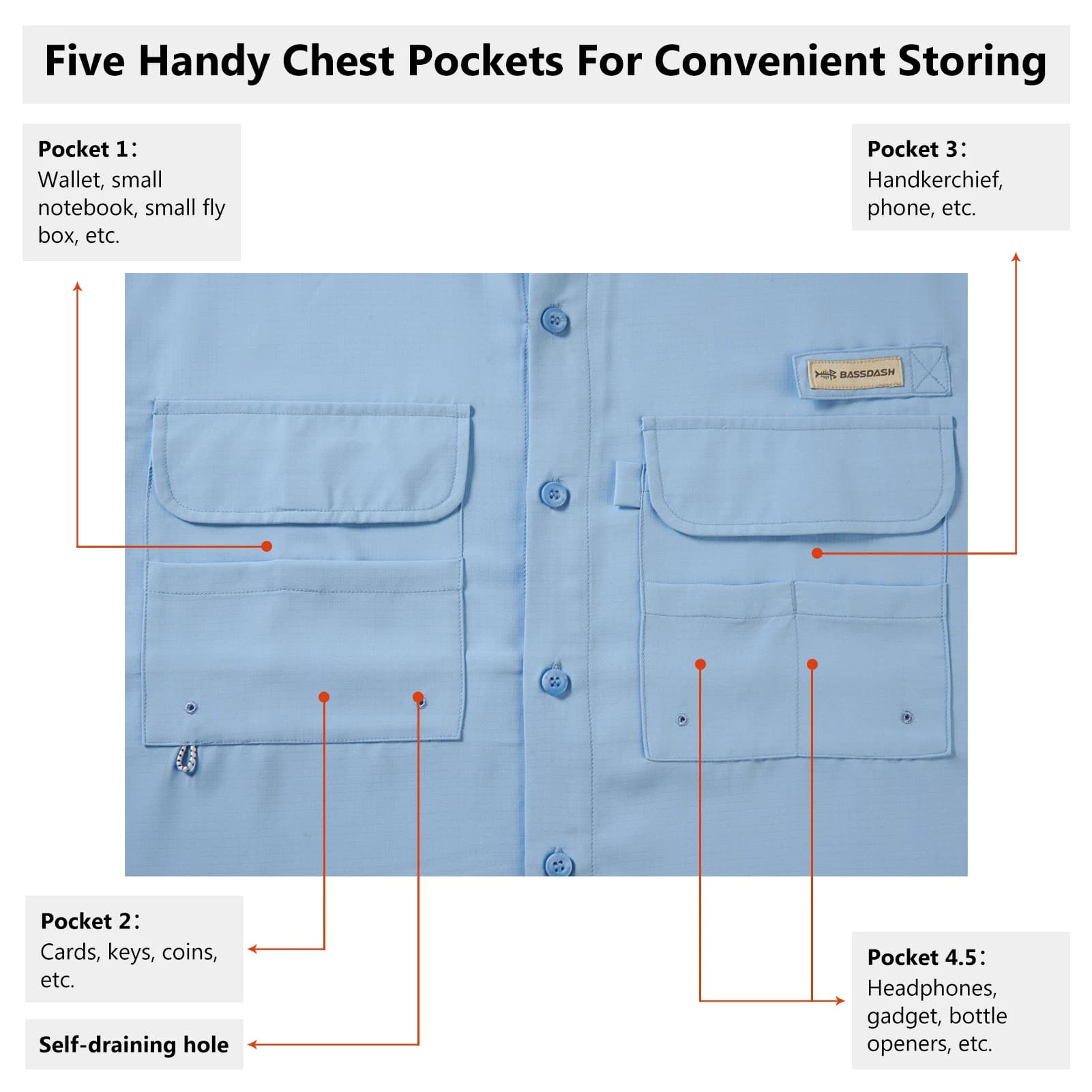 BASSDASH Chemise boutonnée de pêche à manches longues UPF 50 pour homme Performance Séchage rapide F
