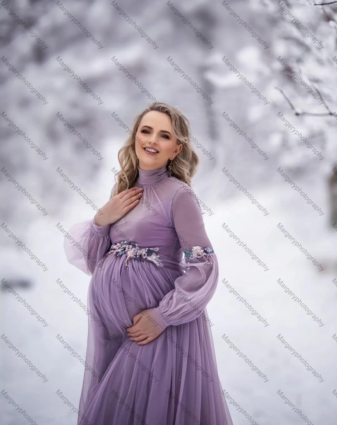 Robe Longue Drapée en Tulle pour Femme Enceinte, Tenue Élégante en Maille, Violet Clair, Col Haut, F