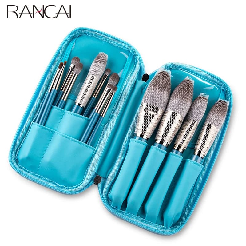 RANCAI-Ensemble de pinceaux de maquillage avec sac en cuir, fond de teint, poudre, fard à barrage, f