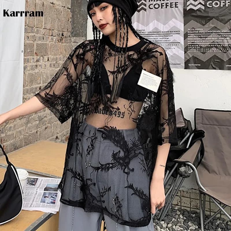Karr233-T-shirt surdimensionné en maille et dentelle pour femme, t-shirt sexy, transparent, semi-tra