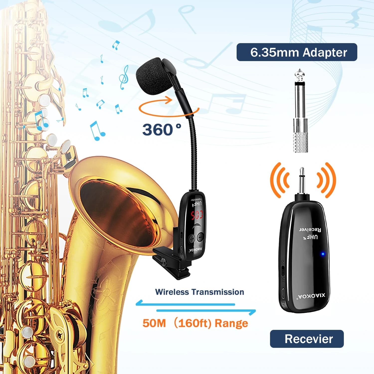 XIAOKOA – système de Microphone de Saxophone sans fil UHF, Instruments musicaux à clipser, émetteur 