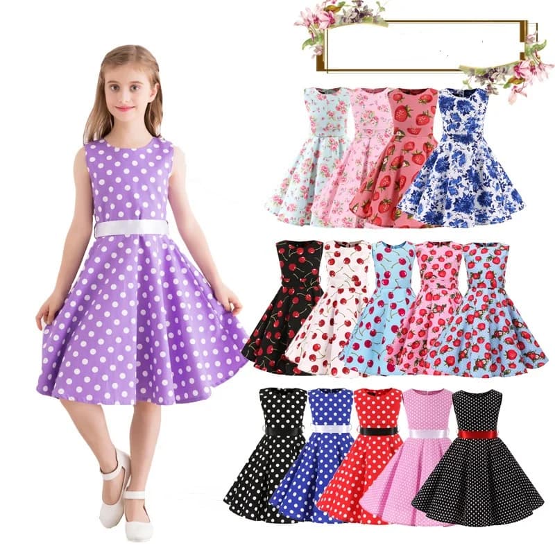 Robe d'été mi-longue en coton pour enfants, Vintage, à pois, motif Floral, pour bébé fille