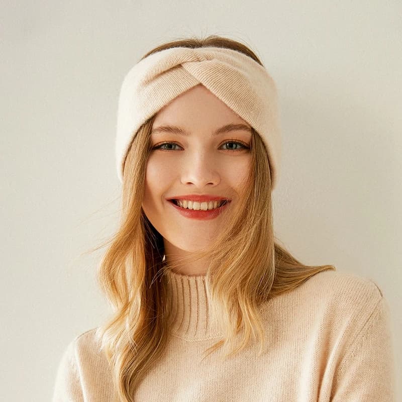 Bandeau tricoté en cachemire 100% pour femme, tissage croisé, doux et chaud, accessoires pour cheveu