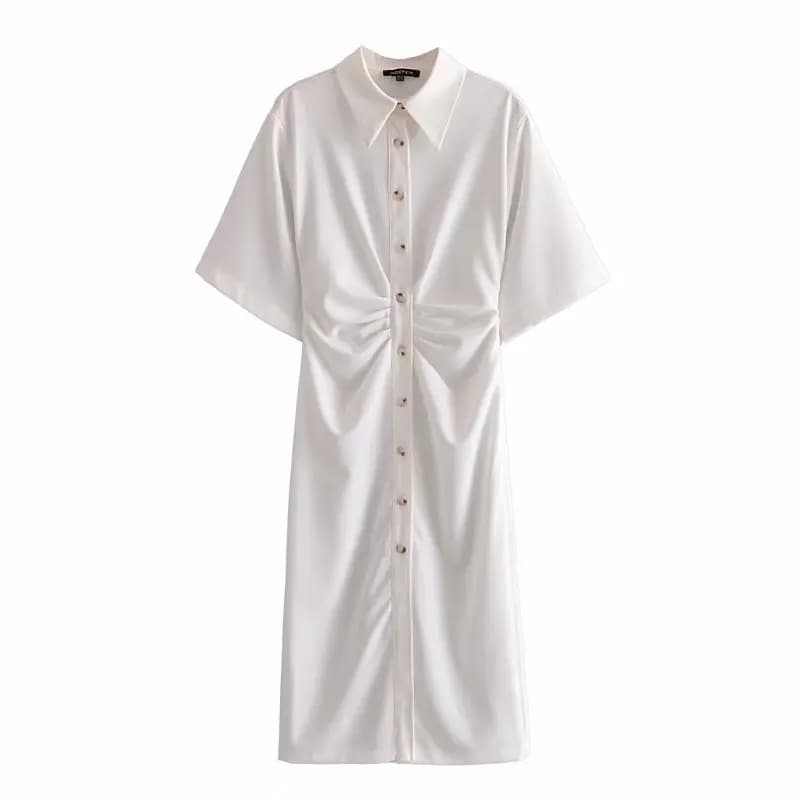 Robe Midi à boutons pour femmes, chemise Vintage, couleur unie, élégante, manches courtes, longue, d