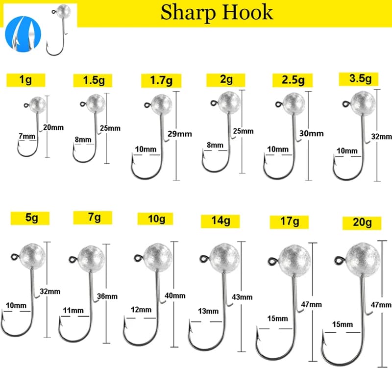 10 pièces/lot grosse tête gabarits crochet 1g-20g toutes tailles boule ronde gabarit tête crochet sa