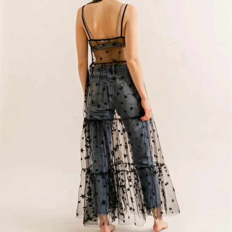 Robe longue en tulle pour femmes, bretelles spaghetti, transparente, douce, à la mode, bling bling, 