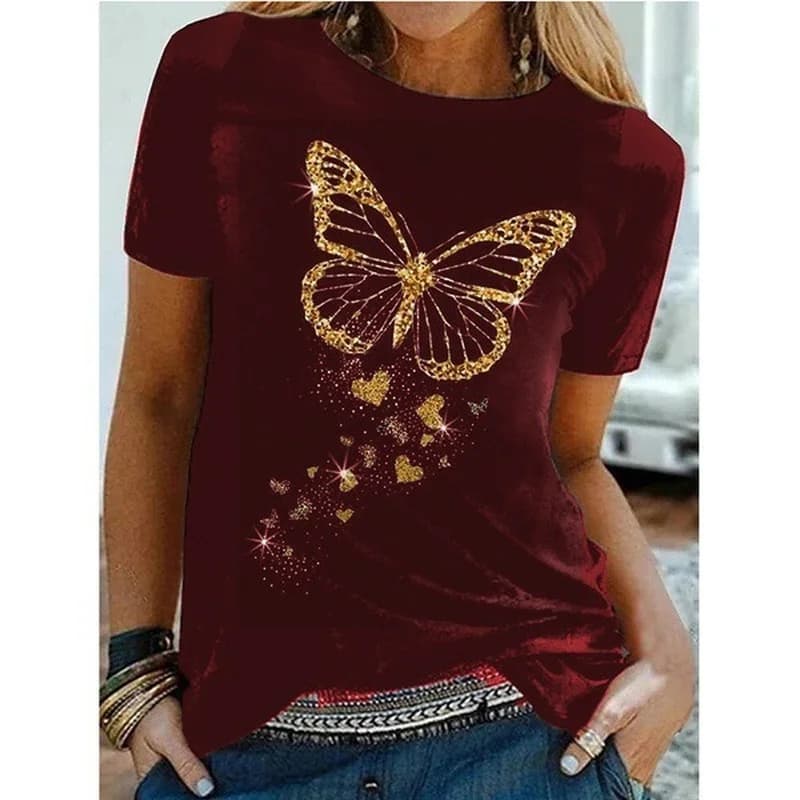 Papillon doré imprimé femmes t-shirt à manches courtes col rond femmes t-shirt dames t-shirt hauts v