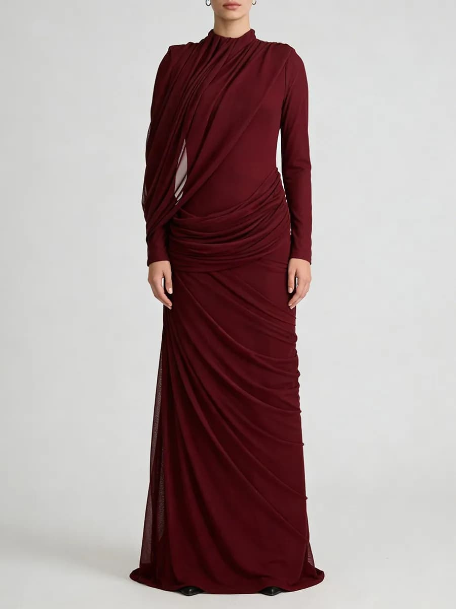 TWOTWINSTYLE Robes pour femmes, design amincissant à plis, style tendance, col montant, manches long