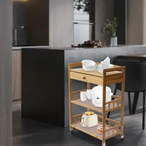 Chariot de Cuisine Roulant en Bambou avec Support de Rangement, Étagères à 3 Niveaux, Organisateur, 