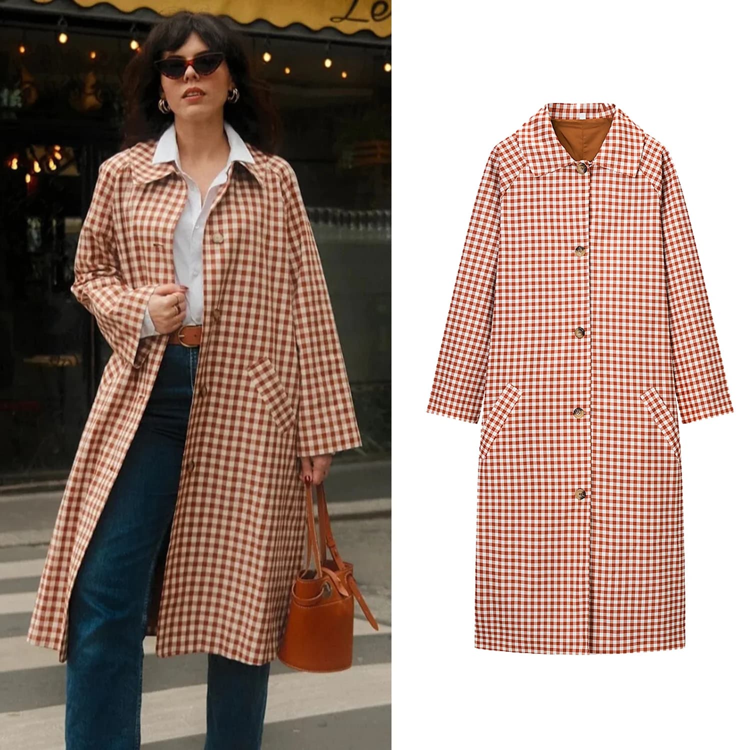 Femmes décontracté Plaid longue Trench manteau femme rouge Plaid simple boutonnage manches longues c