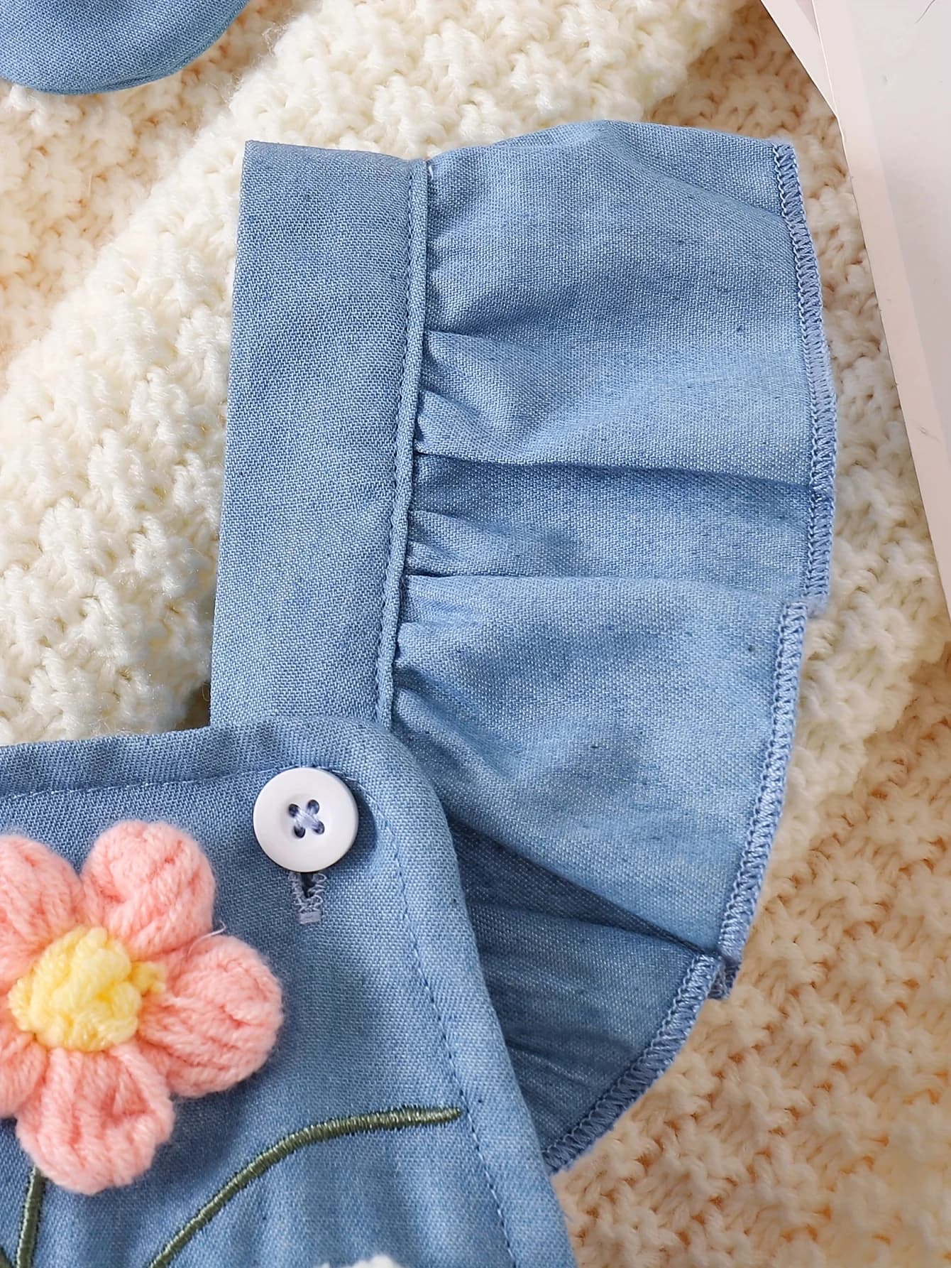 Barboteuse en Denim doux pour bébé fille, barboteuse flottante brodée de fleurs 3D + bandeau à nœud,