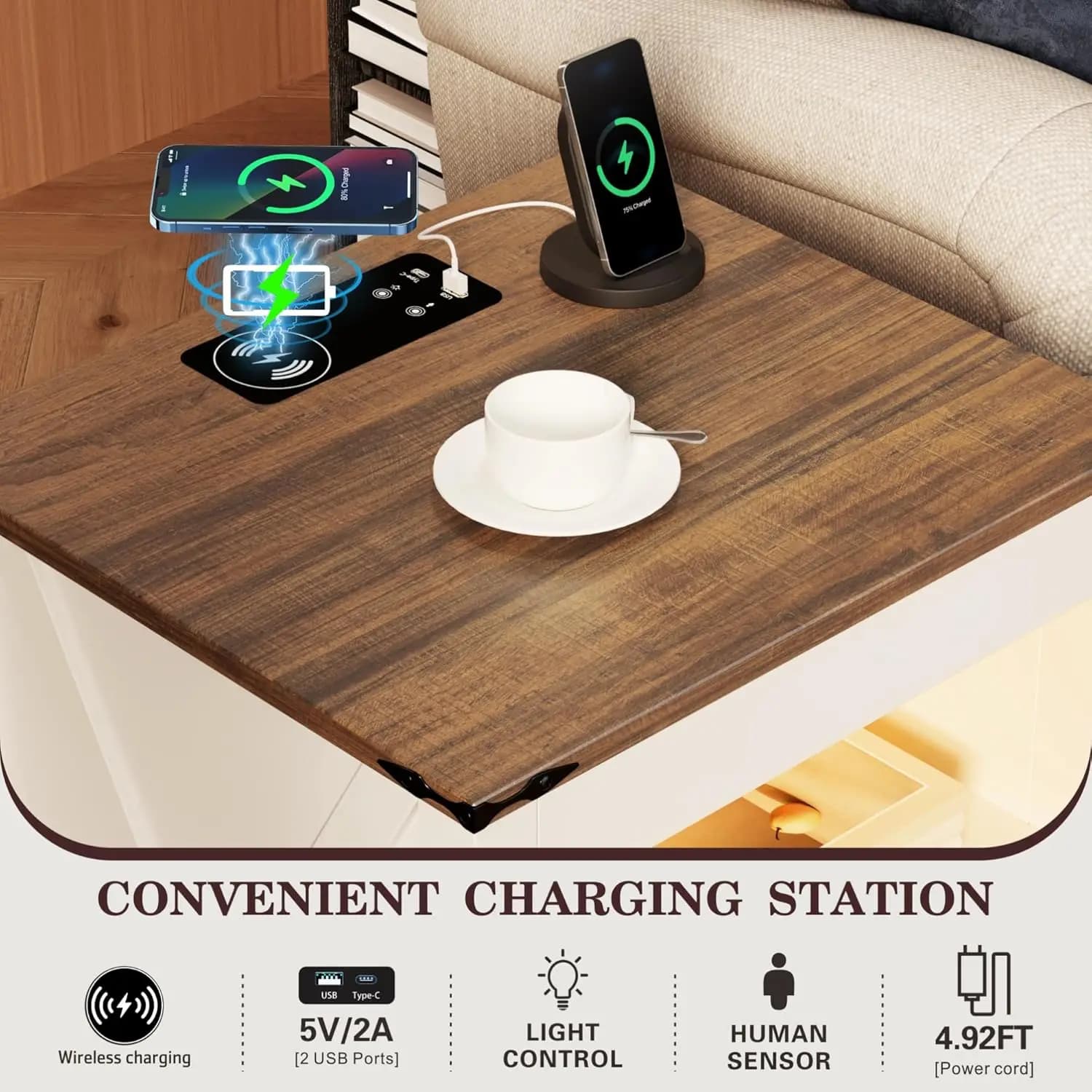 Ensemble de 2 tables de chevet LED avec tiroir pour armes à feu : Table de chevet avec station de ch