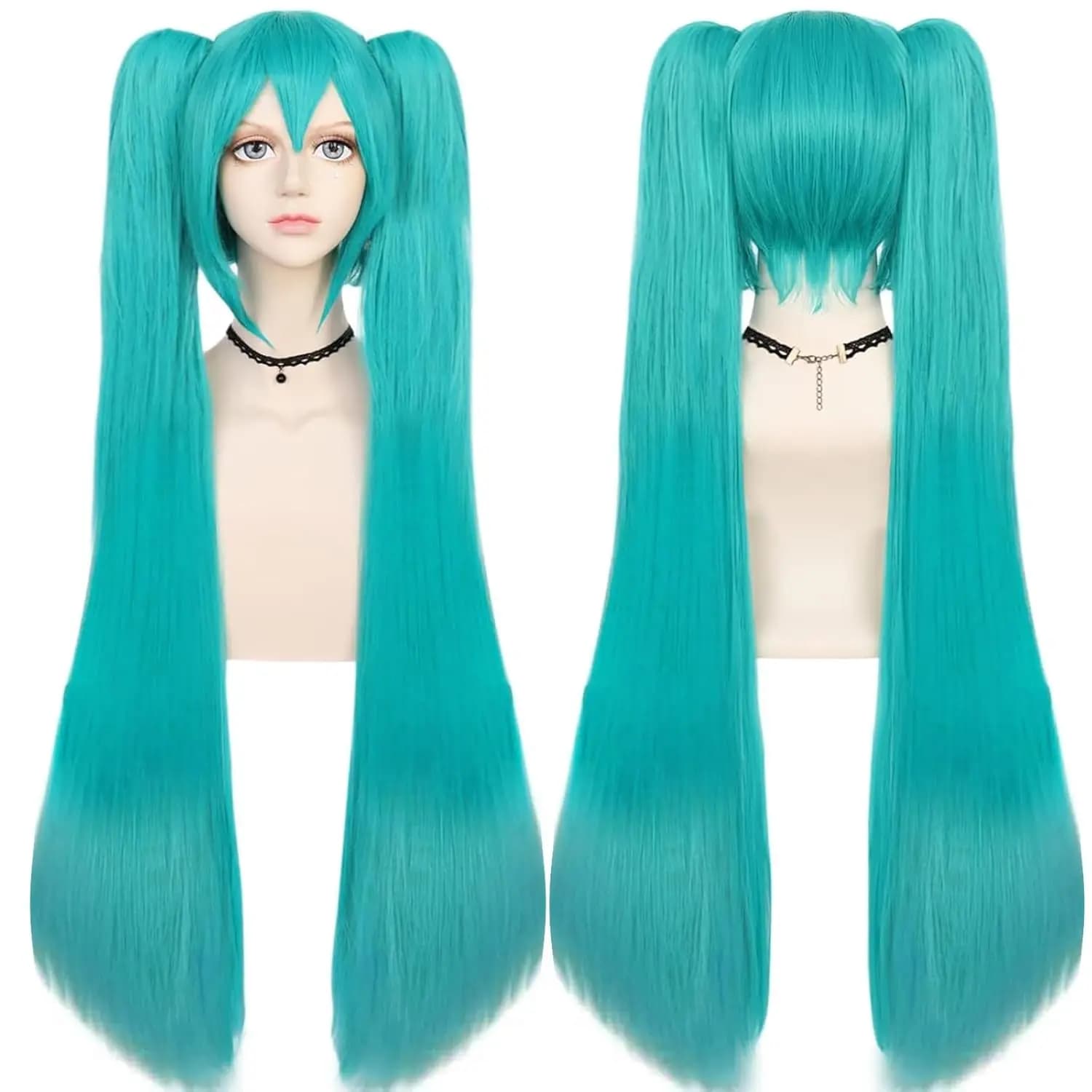 Perruques synthétiques vertes + bonnet de cheveux, perruque longue vert avec 2 queues de cheval pour