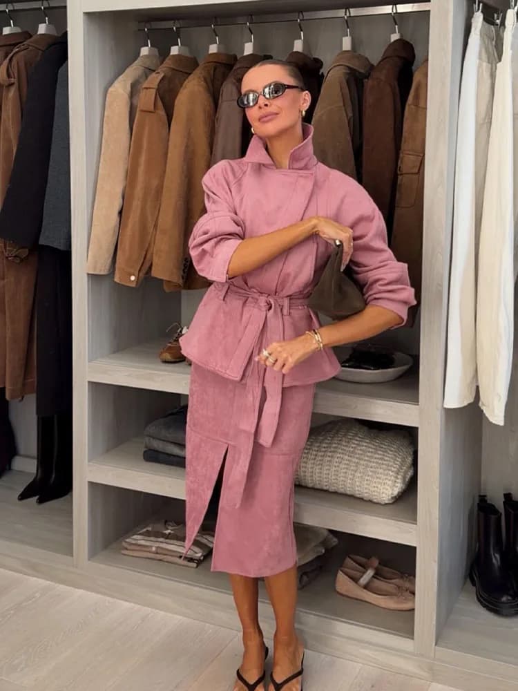 HH 2026 Nouvelle Collection Femme : Ensemble Élégant Veste Courte Unie à Fermeture Éclair Asymétriqu