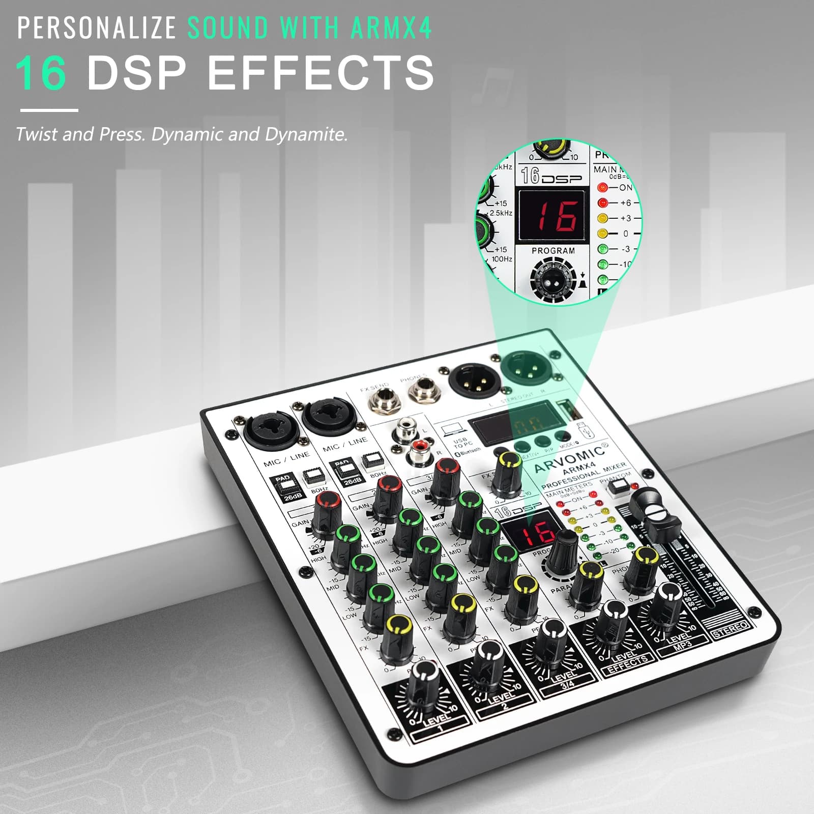 Mélangeur audio 4 canaux, table de mixage DJ avec interface audio USB, fonction Bluetooth, 16 effets