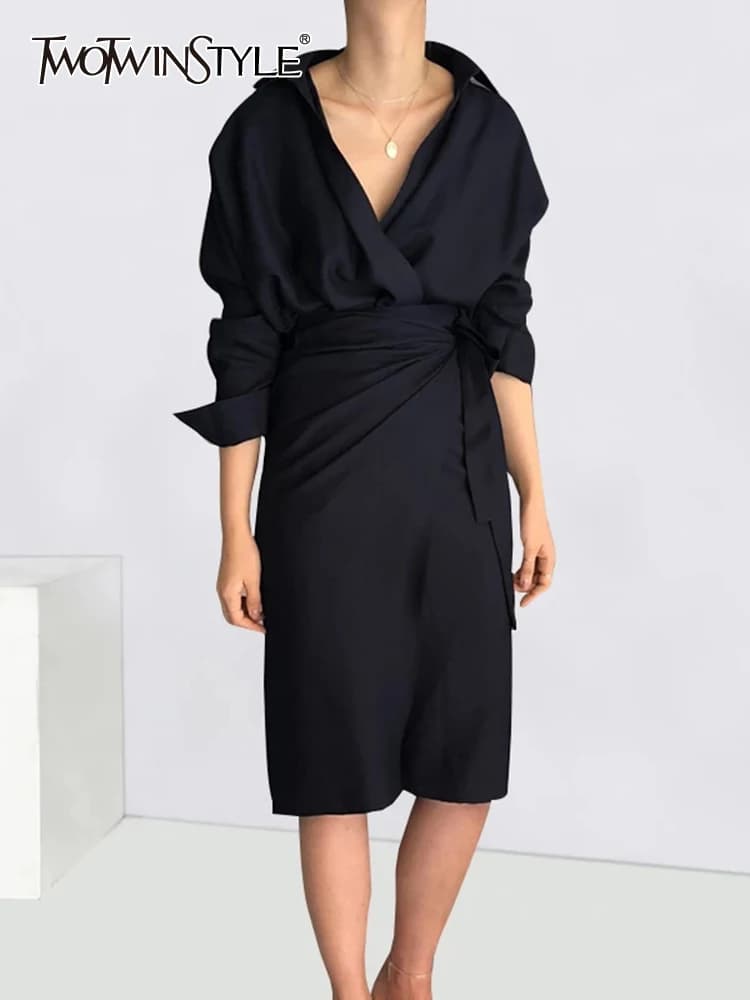 TWOTWurea YLE-Robe coréenne froncée à lacets pour femmes, col en V, manches longues, taille haute, f