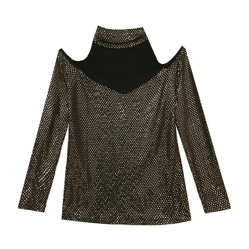 T-shirt à col en maille patché pour femme, col licou, paillettes, mince, extensible, chic, hors init