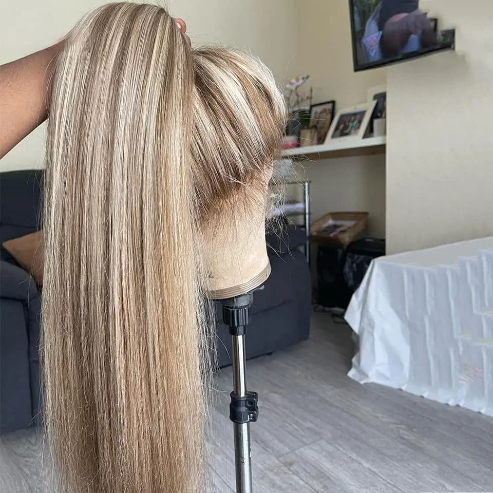 Perruque Lace Front HD 13x4 pour Femme, Ombré Blond Platine avec Racines Foncées, Lisse, Cheveux Hum