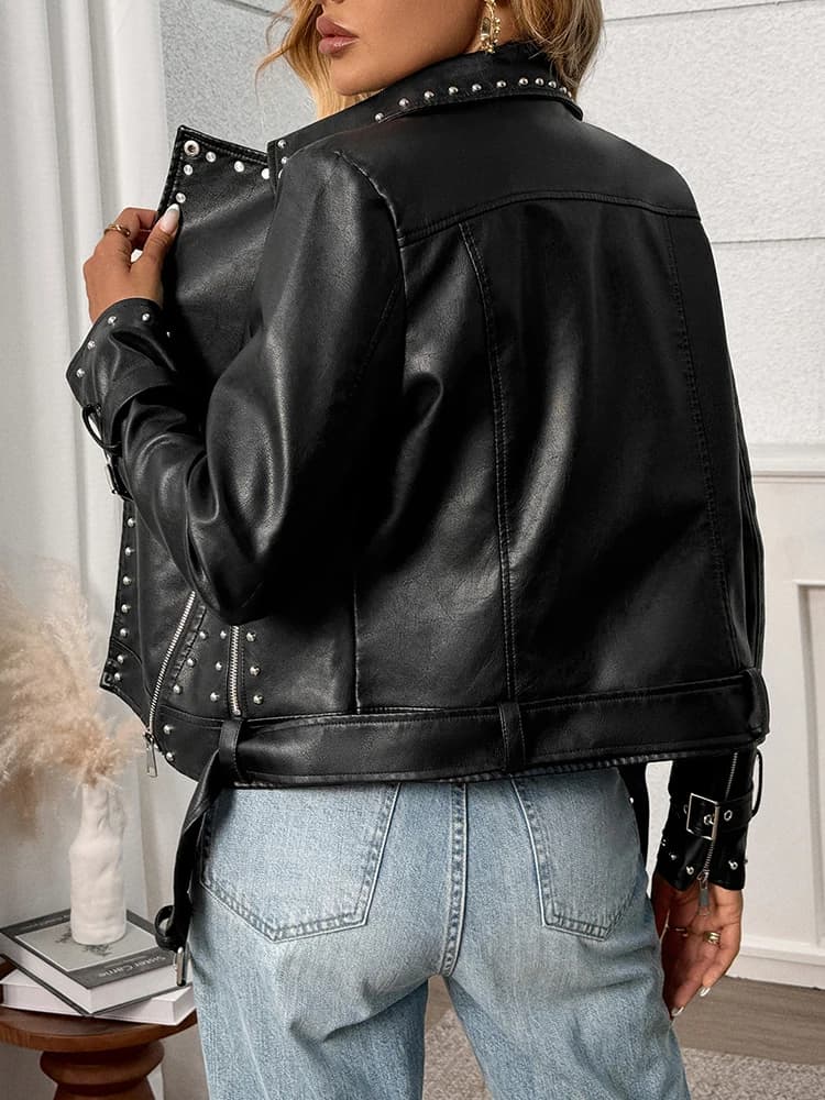 Ailegogo printemps automne femmes Streetwear Rivet fermeture éclair ceinture Faux cuir veste Vintage