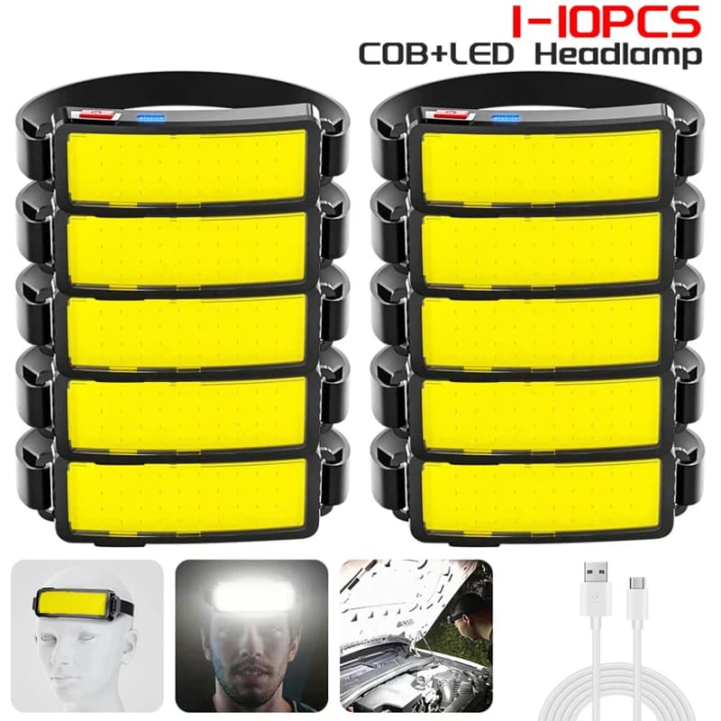 Lampe frontale COB puissante Rechargeable par USB, batterie intégrée, lampe de poche pour la pêche e