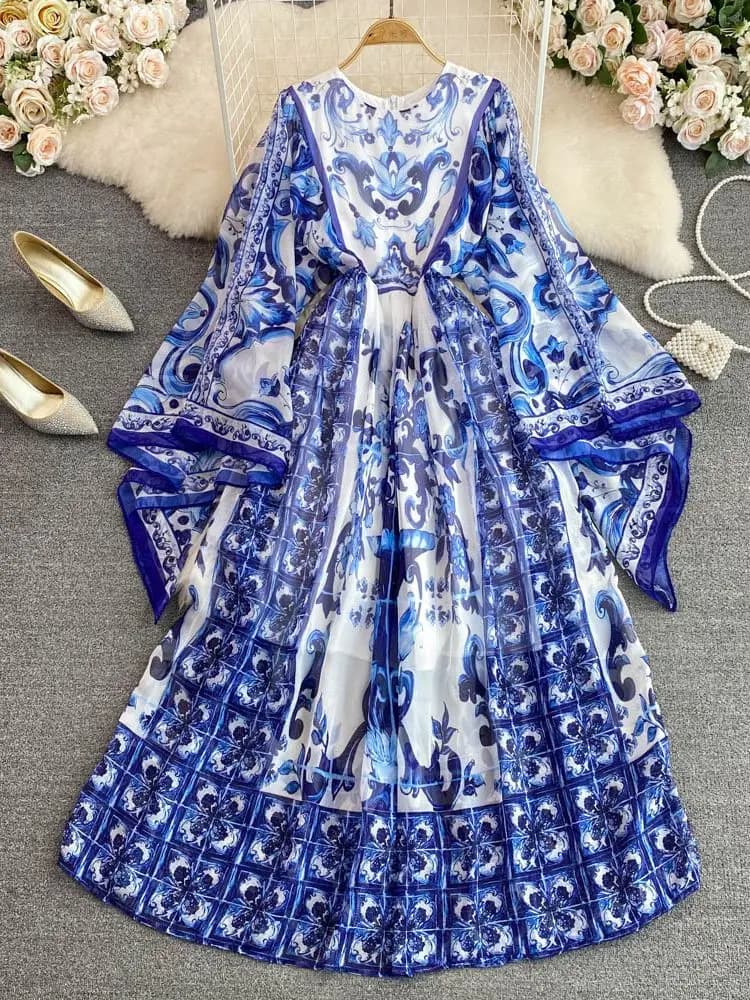 Robe Maxi à manches chauve-souris pour femmes, imprimé porcelaine bleue et blanche, style bohème, va