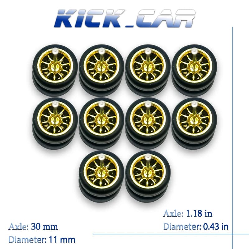 Roues 1/64 avec pneus fixes en caoutchouc, dix rayons pour modèle de jouet, voitures moulées sous pr