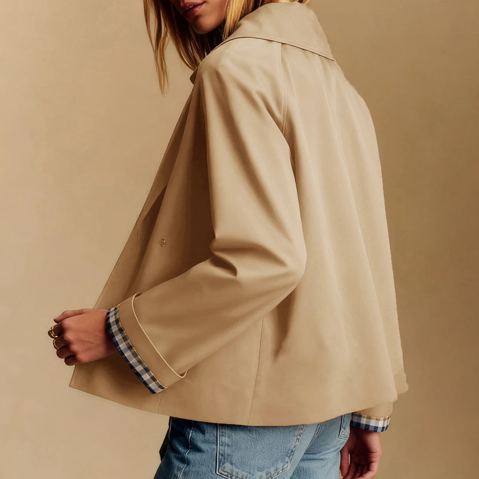 Nouveau Trench court pour femmes revers boutonné surdimensionné décontracté veste courte avec doublu