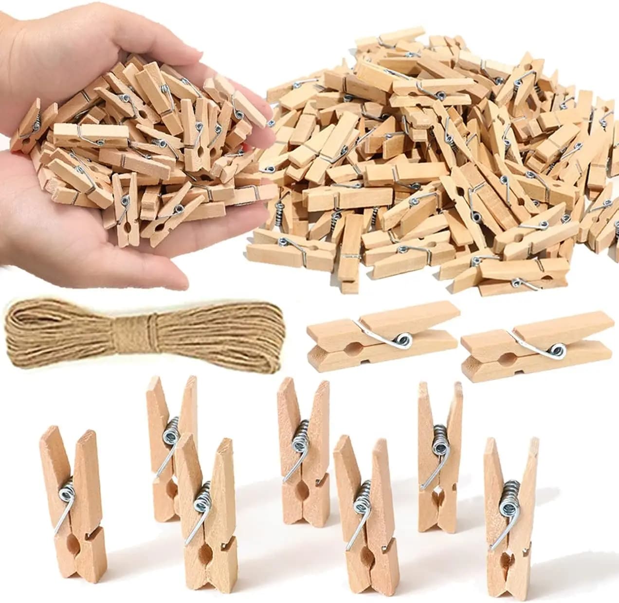 Mini pinces à linge en bois 10/20/50, petites pinces artisanales en bois de 1 pouce, corde de chanvr