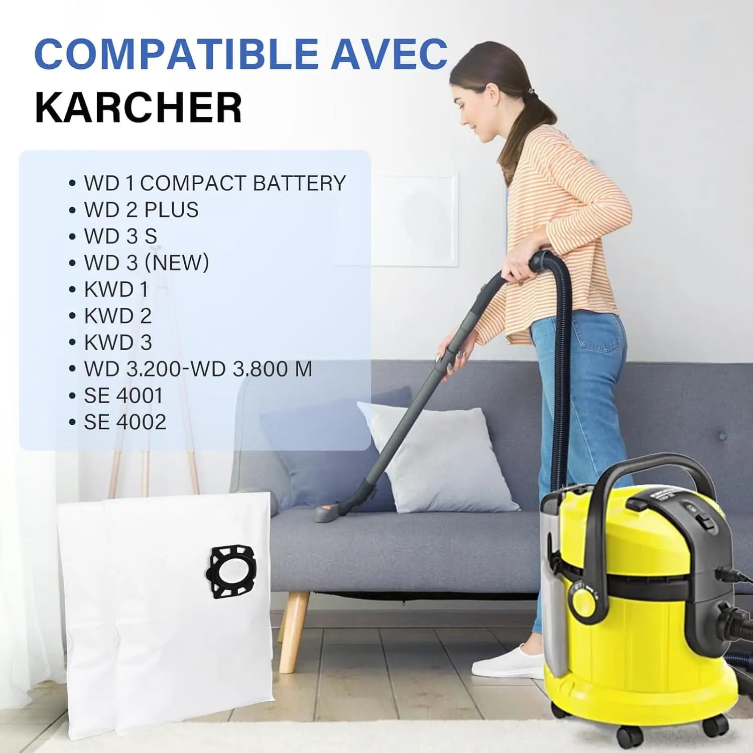 Sacs d'aspirateur compatibles avec Karcher WD2 Plus, WD 3, KWD 1, KWD 2, KWD 3, MV 3, SE 4001, SE 40