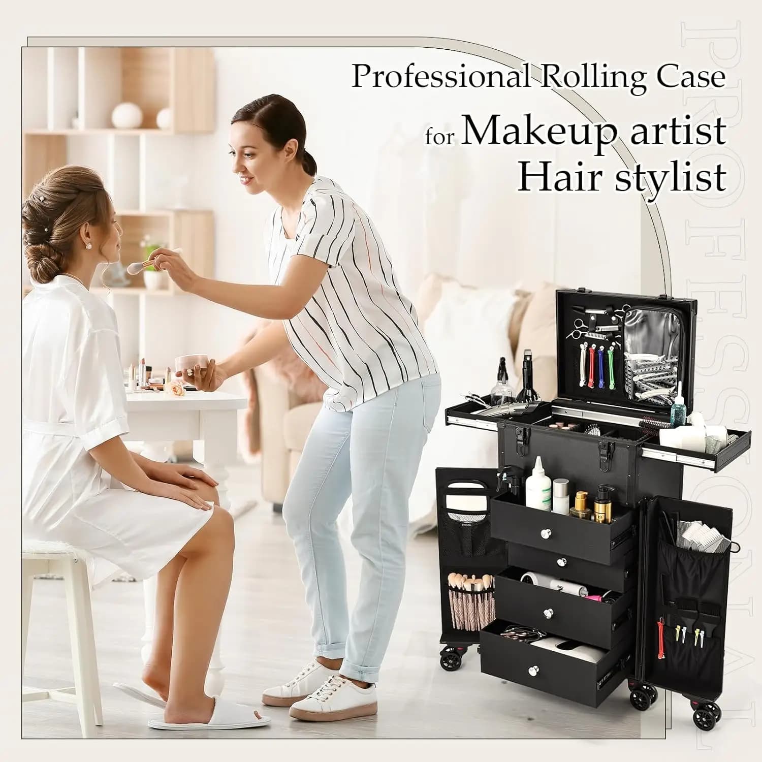 Trousse de maquillage professionnelle à roulettes, 4 tiroirs, étui de Train cosmétique pour coiffeur