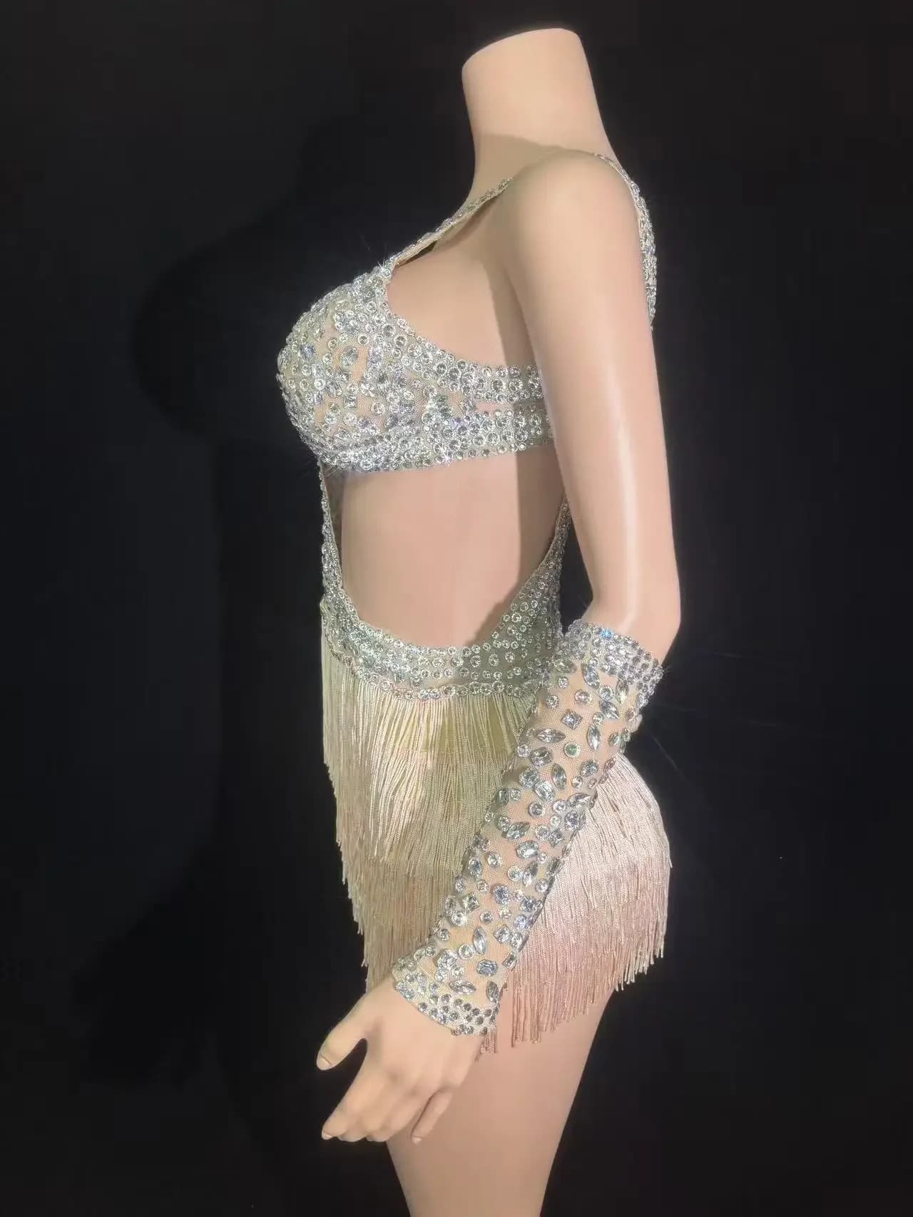 Combinaison de luxe scintillante avec pompons et strass pour femmes, tenue de soirée de bal, de chan