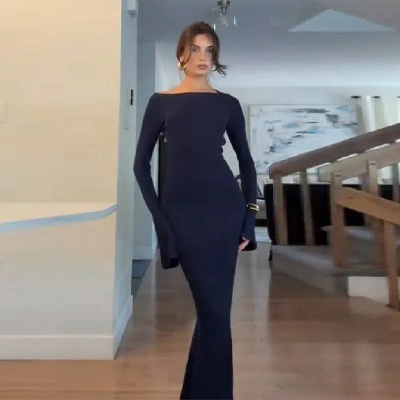 Robe longue en maille bleu nuit dos nu pour femme, élégante, à manches évasées, moulante, coupe sirè