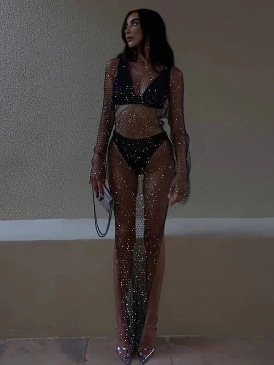 Robe en résille à grille de strass brillants, manches longues, col rond, fente latérale creuse, Sexy