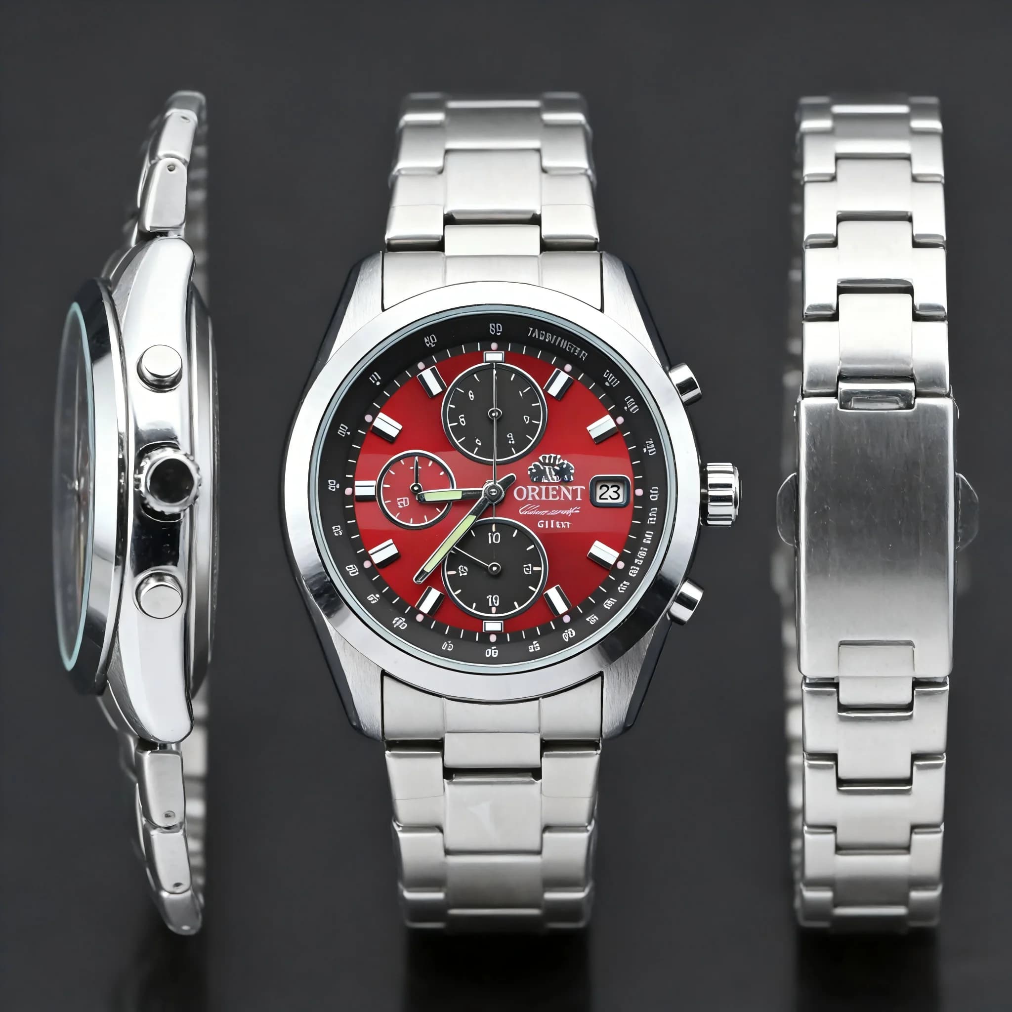 Orient Montre chronographe à quartz pour homme, cadran rouge, bracelet en acier inoxydable, montre-b