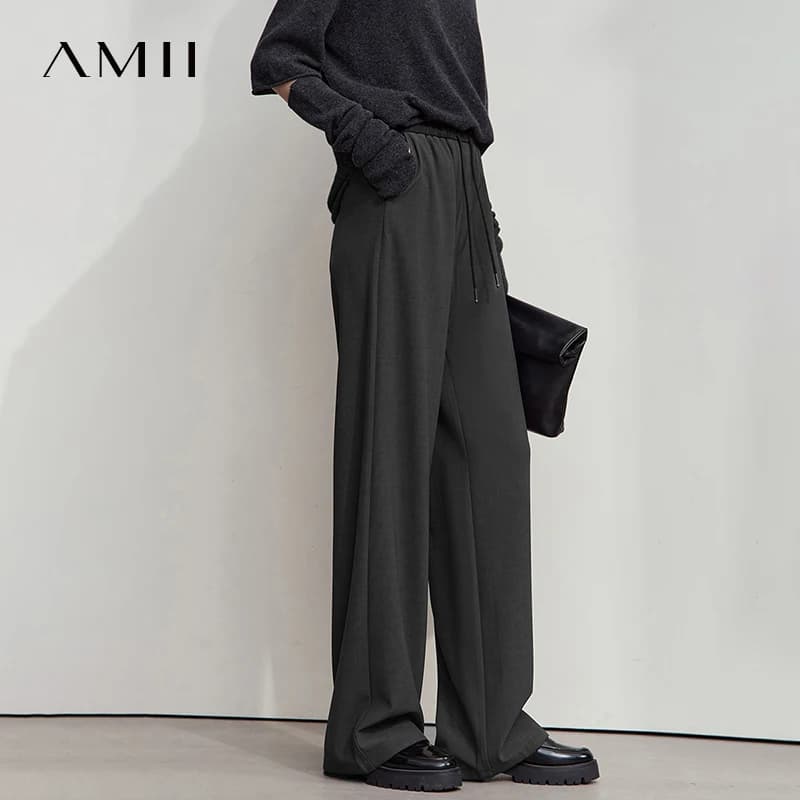 AMII 2025 automne femmes pantalon ample décontracté à lacets élastique jambe large pantalon droit so