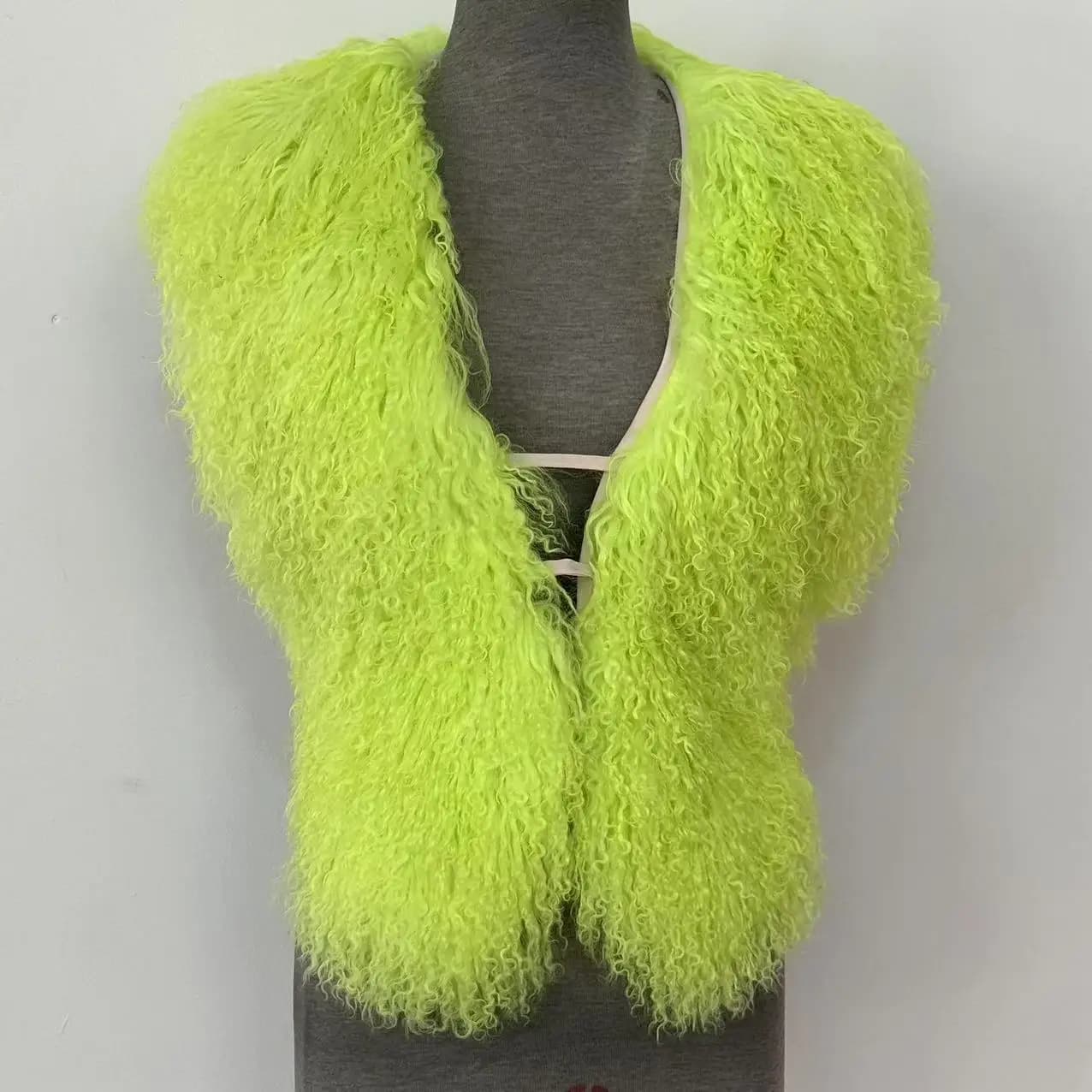 Gilets à col en V profond pour femmes, veste dos nu, haut moelleux, manteau à licou en fourrure mong
