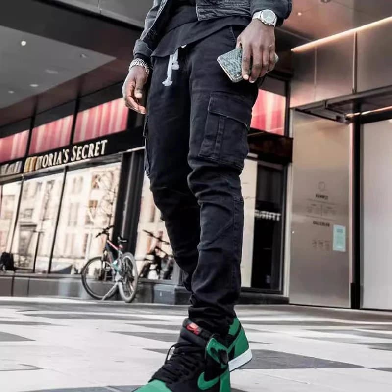 Jeans en denim élastique pour hommes, pantalon cargo multi-poches, coupe slim décontractée, jogging 
